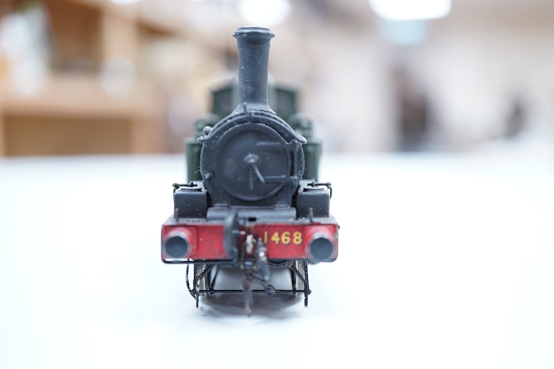 Three EM gauge GWR model railway locomotives scratch built or adapted from kits by John Worsley; 0-4-2T, 5812, 0-4-2T, 1468, and 0-4-0ST, 1143, all well detailed models.